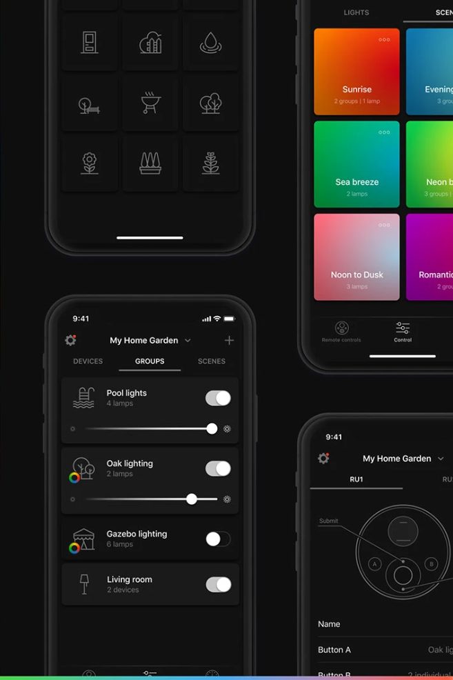Companion app screens: groups, scenes and remotes